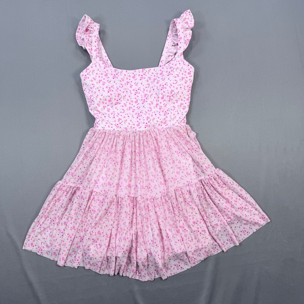Blogilates Womens XS Pink Floral Recycled Poly Mesh Tiered Active Mini Dress
